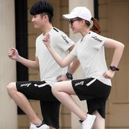 特司萊 運(yùn)動(dòng)套裝圓領(lǐng)T恤夏季休閑跑步服兩件套短袖短褲健身晨跑情侶套裝 白色 XL碼-女款【95-110斤】