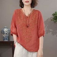 芬伶夏季棉麻上衣女襯衫V領(lǐng)高級感修身遮肚洋氣大碼中年媽媽亞麻短袖 西瓜紅【原版正品】 L 建議【100-110斤】