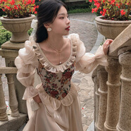 HUALIN FASHION法式復(fù)古宮廷風(fēng)泡泡袖連衣裙仙氣十足公主范兒 花色 S