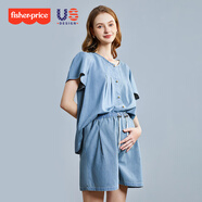 費雪（Fisher-Price）費雪孕婦裝夏裝2025新款韓版T恤夏季孕媽媽上衣短褲牛仔兩件套裝 淺藍(lán)色套裝【短袖+短褲】 L