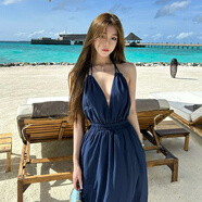 現寶蓮深v性感露背連衣裙海邊度假沙灘裙夏季旅游穿搭掛脖長(cháng)裙仙女 深藍色 S