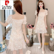 皮爾卡丹（pierre cardin）高級(jí)感短袖連衣裙露肩氣質(zhì)女裝2025新款夏季甜美洋氣初戀蕾絲裙子 圖片色【短款】 L