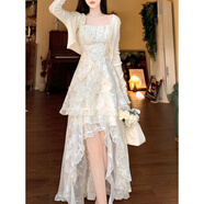 簡(jiǎn)丹柔不規則連衣裙前短后長(cháng)設計感2025春夏茶歇法式碎花吊帶季大碼拖尾 杏色開(kāi)衫 M 85-105斤