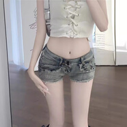 Maycaur美式鉚釘低腰牛仔超短褲女修身復古緊身包臀闊腿熱褲 復古藍 M