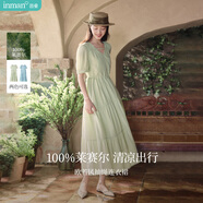 茵曼（INMAN）法式薄荷曼波連衣裙2024夏女裝新品V領(lǐng)燈籠袖抽繩 水沫綠 M