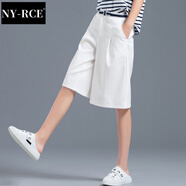 NY-RCE高腰冰絲闊腿褲直筒休閑短褲女夏寬松中褲裙褲大碼五分褲六分褲子 白色 30