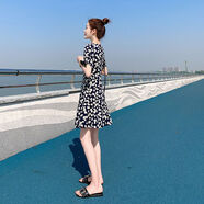 楠語(yǔ)秋小個(gè)子連衣裙女2022年夏季新款洋氣中長(cháng)款氣質(zhì)遮肚顯瘦短袖百褶裙 藍底印花 2XL