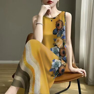 伊森尼尼背心連衣裙女夏季新款無(wú)袖條紋長(cháng)裙寬松顯瘦遮肚氣質(zhì)吊帶中長(cháng)裙子 黃玫瑰 2XL 建議120-130斤