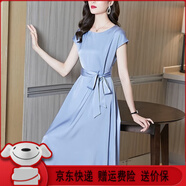 ac mmng真絲連衣裙女高端2025新款收腰顯瘦腰帶重磅桑蠶絲中長(zhǎng)裙純色氣質(zhì) 淺藍(lán) XL （建議116-125斤左右）