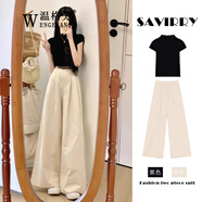 溫格芳休閑褲女2025夏季新款鹽系穿搭減齡時尚高腰闊腿褲小個子氣質(zhì)套裝 黑色上衣 M