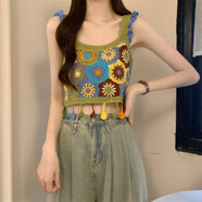 SZEL波西米亞民族風(fēng)彩色吊帶背心女夏外穿泰式多巴胺海邊jazz流蘇上衣 綠色 均碼