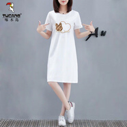 啄木鳥(niǎo)2025夏季新款純·棉短袖T恤裙女韓版寬松休閑大d碼連衣裙中長(zhǎng)裙時(shí) 白色【金色字母兔子】 S 建議70-95斤