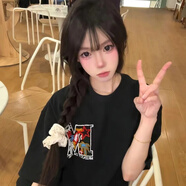 國潮牌美式復(fù)古刺繡M字母短袖t恤男女夏季寬松純棉高街慵懶風(fēng)bf潮 黑色 M