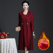 紫魅俏2025年秋冬季大碼長(cháng)袖連衣裙套裝中老年女裝加絨保暖酒紅色兩件套 背心裙+加絨外套 3XL (建議130-140斤)