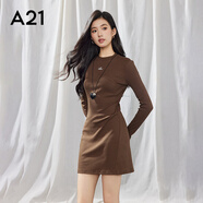 A21女裝圓領刺繡字母連衣裙修身彈力針織中長裙 黑色 S