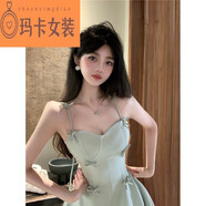 NJTD實(shí)拍法式小眾設計感蝴蝶結綠色性感吊帶連衣裙氣質(zhì)重工小禮裙 綠色 M