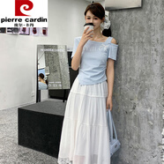 皮爾卡丹（pierre cardin）甜美減齡露肩短袖t恤高腰半身裙套裝女2025夏季新款純欲風(fēng)兩件套 淺藍色 兩件套 S 建議80-95斤