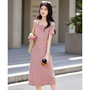 尚靜連衣裙女夏季新款女裝氣質(zhì)百搭方領修身顯瘦輕熟風短袖針織裙子女