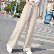 啄木鳥垂墜感棉麻闊腿褲女2025夏季新款高腰寬松顯瘦松緊腰直筒休閑褲子 麻本色#【專柜品質(zhì)】 L 106-120斤