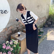 衣典零一（LEDIALYI）條紋拼接假兩件連衣裙女夏季2025新款洋氣質(zhì)時(shí)尚休閑顯瘦t恤裙子 黑色 S