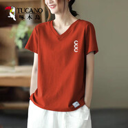 啄木鳥(niǎo)大i碼夏裝文藝雞心領(lǐng)印花女V領(lǐng)上衣體恤衫寬松短袖t 桔色小白-3c 3XL  建議150-175斤