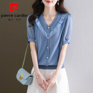 皮爾卡丹（pierre cardin）短袖t恤女裝2025夏季新款時尚v領遮肚子大碼體恤冰絲針織衫短上衣 藍色 M 90-105斤