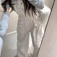 清池影2025日系軟妹甜美碎花背帶褲學(xué)生韓版春夏新款高腰顯瘦闊寬松顯瘦 白色粉花背帶褲 S