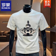 羅蒙（ROMON）小眾印花短袖T恤男士圓領(lǐng)潮流夏季新款休閑修身絲光棉半袖 白色蓮花佛 S 90-115斤