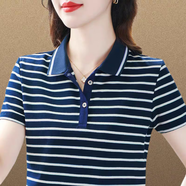蒂羅藍艦短袖t恤女寬松2025新款時尚顯瘦減齡條紋POLO衫小個子媽媽上衣 寶藍色【32132款】 3XL 【建議130-140斤】