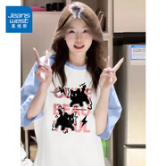 真維斯（JEANSWEST）插肩短袖女款夏季多巴胺穿搭2025新款爆款甜美拼接撞色潮流t恤女 天藍 快跑貓黑 XL