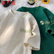 雅鹿美式重磅冰絲刺繡短袖t恤男夏季2025新款圓領(lǐng)五分袖半袖上衣 杏色【1468高品質(zhì)17】 XL 125-140斤