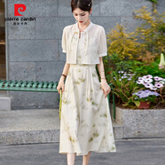 皮爾卡丹（PIERRE CARDIN）新中式國(guó)風(fēng)純欲風(fēng)印花連衣裙套裝復(fù)古夏新款收腰碎花吊帶裙兩件套 綠色印花吊帶連衣裙套裝 L 建議105-120斤