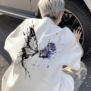 蘇愚100%純棉重磅美式復古國潮牌印花蝴蝶玫瑰花短袖體恤男夏季上衣服 220克-白 2XL 建議140-160斤