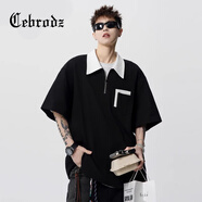 Cebrodz法國 短袖男美式復(fù)古polo衫領(lǐng)短袖t恤男2025夏季新款重磅寬松體恤 黑色 2XL