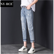NY-RCE夏季2025新款破洞牛仔褲女寬松九分褲韓版高腰顯瘦百搭哈倫褲子 淺藍(lán)色 29