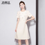 海青藍2025夏季新款高級感重工釘珠短袖連衣裙女氣質(zhì)通勤簡(jiǎn)約時(shí)尚A字裙 杏色 L