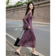 德瑪納【都市御姐】秋季優(yōu)雅風(fēng)圓領(lǐng)印花喇叭袖收腰含內襯女式連衣裙