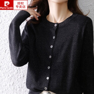 皮爾卡丹（pierre cardin）2024春秋季新款圓領(lǐng)針織打底開衫女長(zhǎng)袖百搭帶金絲線外套上衣毛衣 黑色 S
