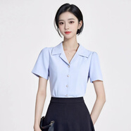 特洛曼藍色短袖襯衫女氣質(zhì)小個(gè)子西裝領(lǐng)職業(yè)裝通勤OL雪紡襯衣面試上衣