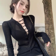 SKONWAT辣妹深V領(lǐng)系帶長袖針織衫女春季新款內(nèi)搭設(shè)計(jì)感高腰修身百搭上衣 黑色 均碼 (70斤-120斤)