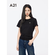 A21女裝字母繡花圓領(lǐng)棉T恤2025夏季新款簡(jiǎn)約休閑落肩袖套頭上衣 黑色 L