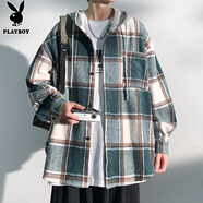 花花公子（PLAYBOY）長袖襯衫男寬松春秋季潮流格子襯衫男士休閑襯衣外套 綠格 XL