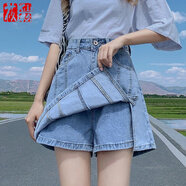 莜仙格2025春夏不規則牛仔短褲女薄款a字裙褲小個(gè)子顯瘦休閑高腰五分褲 淺藍色 M 【建議98-110斤】