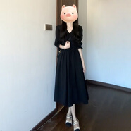 NYCKJK法式黑色長袖連衣裙子女夏季輕奢感中長裙初夏氣質(zhì)穿搭 黑色(五分袖) S 40/45KG