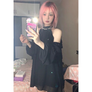 FSHE法式杏色珍珠掛脖露肩純欲連衣裙女2025春性感甜美長(zhǎng)袖雪紡連衣裙 黑色 S