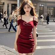 欲動(dòng)夜場性感連衣裙夏季夜店女裝洗浴按摩短裙褶皺氣質(zhì)包臀技師工作服 酒紅色 L 建議110-125斤