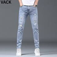 VACK夏季破洞直筒牛仔褲男士寬松九分男春秋款時尚修身束腳休閑男潮牌 A97藍色 30 (115-125斤)