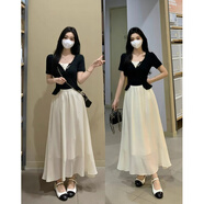 凡客誠品（VANCL）旗營店大碼女裝設(shè)計(jì)感假兩件連衣裙夏季新款套裝裙赫本拼接氣 -黑色 XL (建議120到140斤)