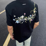 斯圖西（stussy）重磅刺繡字母花卉重工短袖T恤男女2025夏新款寬松上衣短袖半袖 黑色【重磅320克重工萬針刺繡字母】 L  建議105斤--120斤關(guān)注先發(fā)