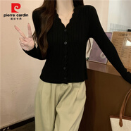 皮爾卡丹（PIERRE CARDIN）春秋新款v領(lǐng)開(kāi)衫毛衣女士修身短款小個(gè)子內搭長(cháng)袖打底針織衫上衣 黑色（款） 均碼 高彈力70-125斤